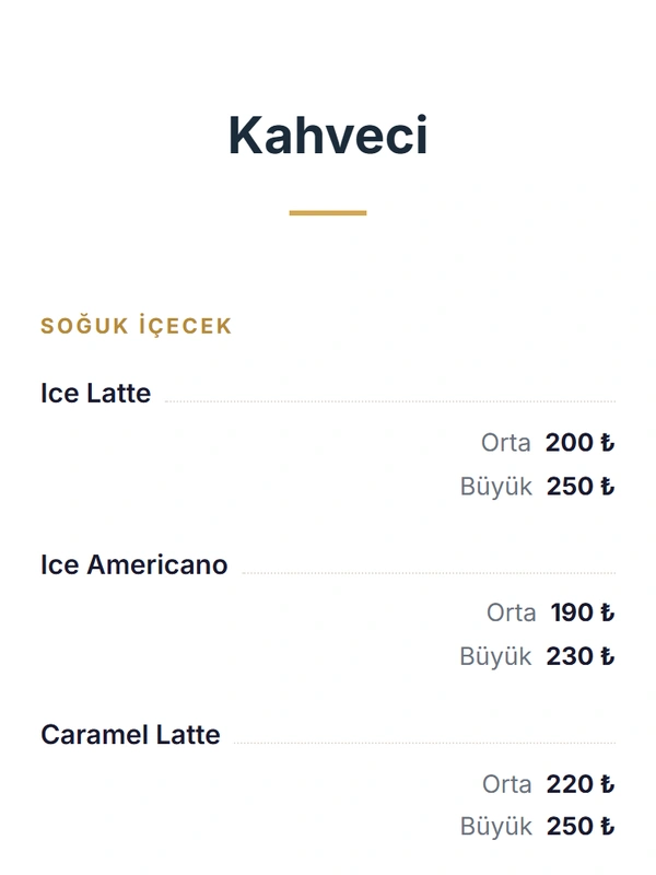 Telefonda açılan, Klasik Liste şablonlu bir QR menü örneği